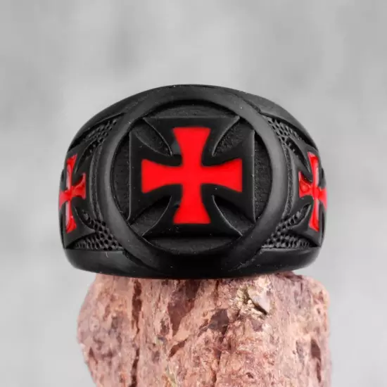 Red Cross Knights Templar Maltese Black Stainless Steel Mens Punk Biker Ring