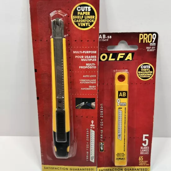 OLFA Pro 9mm standard duty snap-off knife with 1 pack of replacement blades.