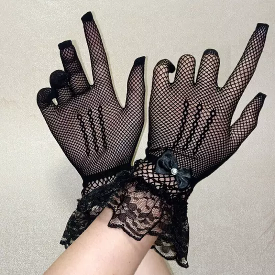 Women Summer UV-Proof Driving Mesh Fishnet Lace Mittens Full Finger Gloves