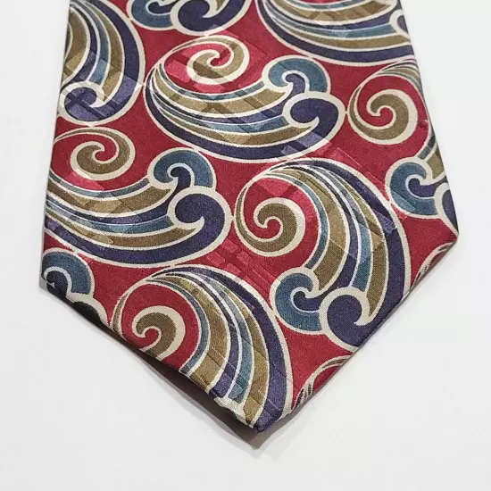 Nautica Classic Silk Necktie USA Made Paisley Swirls Whorls Maroon Olive Blues