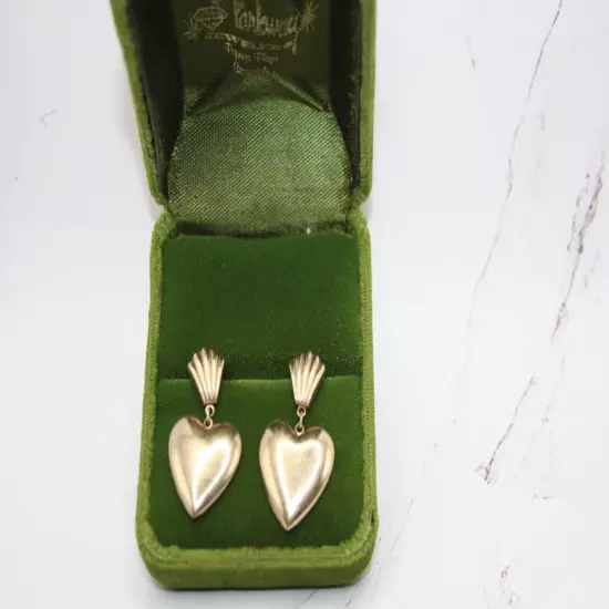 PPC Gold / Sterling Puffy Heart Dangle Post Earrings~ Shell Art deco style