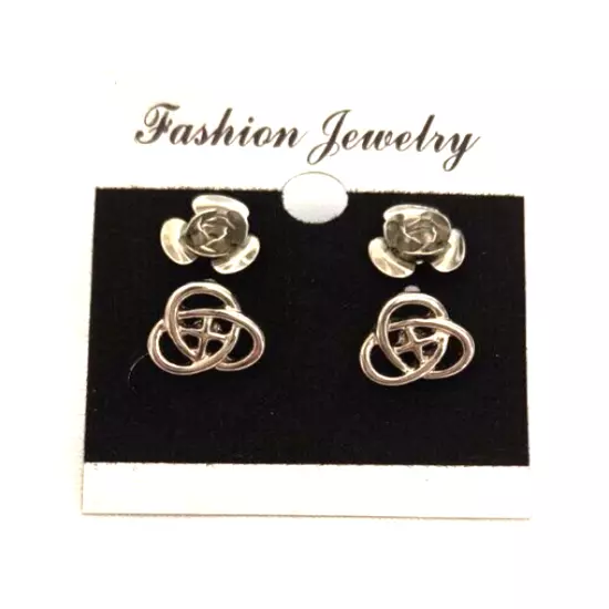 New Fashion Jewelry Women's 2 Pair Stud Earrings Silvertone Roses & Celtic Knots