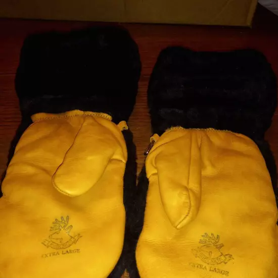 Vintage Buckskin Faux Fur Insulated Winter Mens Mittens X-Large Black Tan