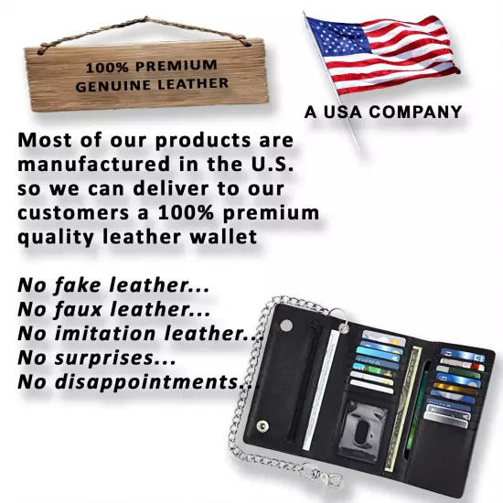 100% premium leather Trifold Cowhide RFID Chain Motorcycle Biker Wallet, Black.