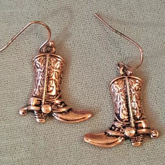 Burnished Copper Boot Spur Scroll Earrings Wire Dangle Southwest Cowboy