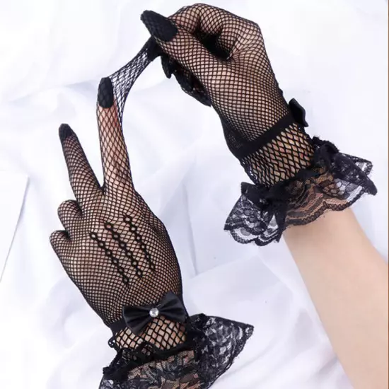 Women Summer UV-Proof Driving Mesh Fishnet Lace Mittens Full Finger Gloves