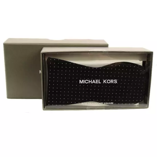 MICHAEL KORS Mens Black Silver PINDOT Silk Bow Tie Cotton Pocket Square Set NWT