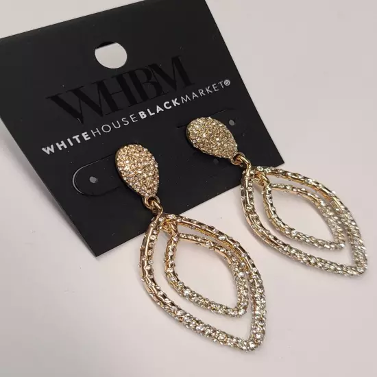 WHBM White House Black Market 2" Gold Dangle Drop Pave Crystal Earrings