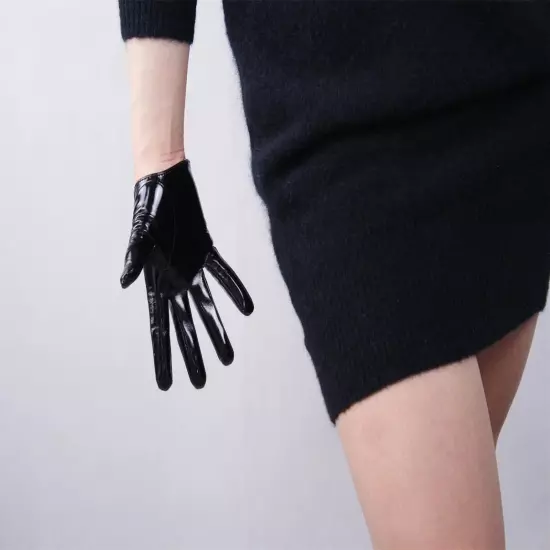 LATEX GLOVES Shine Leather Faux Patent Vegan PU 8" 21cm Short Basic Shine Black