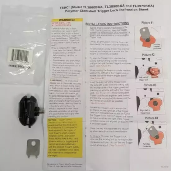 FSDC #TL3860BKA Triger Guard Gun Lock w/Turn Key,Polymer,1 per Pack-NEW-SHIP24HR