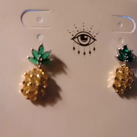 Eye Candy Lux CRUISING Pineapple Earrings Yellow Green Rhinestone Studs New