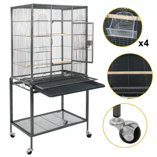 53" Parakeet Bird Cage Parrot Flight Cage Wrought Iron Rolling Stand White/Black