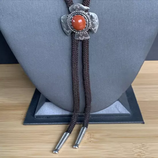 Vintage Native American Carnelian Stone Thunderbird Bolo Tie Brown Cord