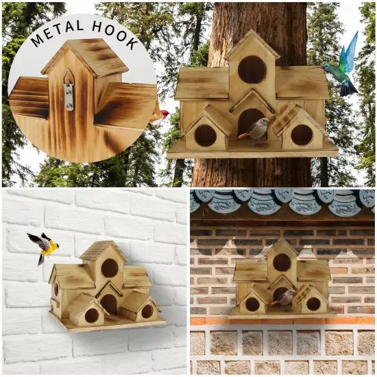 Bird House with 6 Holes Handmade Wooden Birdhouse Hanging Bird Nesting Box._