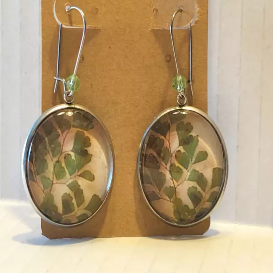 Handmade Floral Earrings Glass Cabochon Greenery Nature Ivy New!