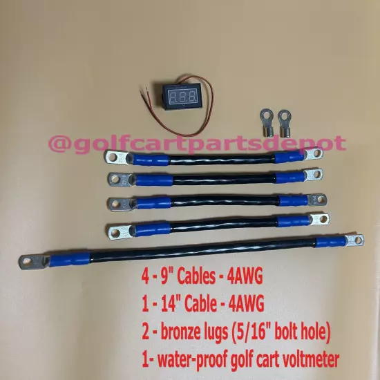 4 Awg HD Golf Cart Battery Cable 5 pc Set E-Z-GO TXT 1994 and UP /with voltmeter