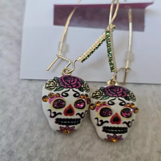 Betsey Johnson Stone Sugar Skull Dangle Earrings.