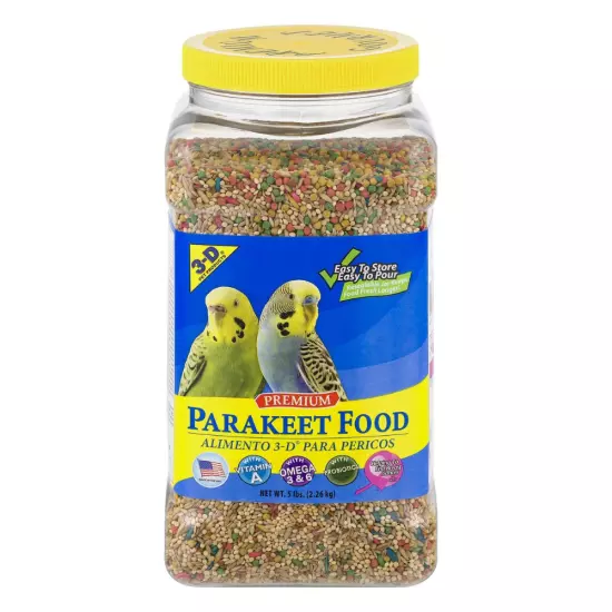 3-D Pet Products Premium Parakeet Food, with Probiotics, 5.0 lb. Stay Fresh Jar.