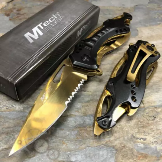 MTech Half Serrated Tactical Rescue Outdoor Spring Assisted Pocketknife [Gold]