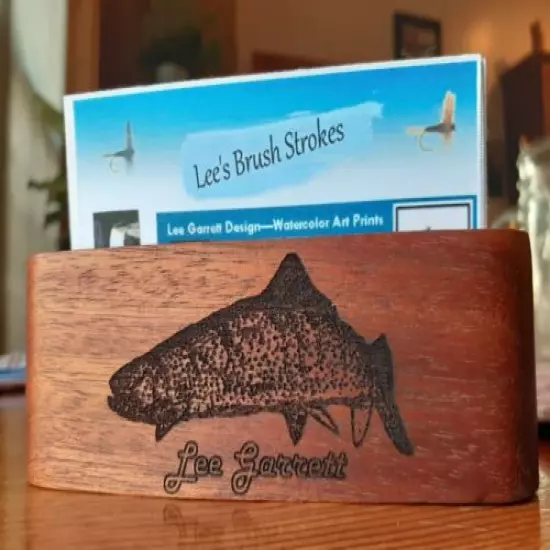 Personalized Black Walnut Business Card Holder Laser Engraved w/ Rainbow Trout 