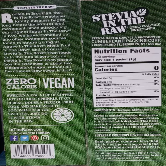 Stevia In The Raw Plant-Based Zero Calorie Sweetener Packets 800 ct Exp 12/26