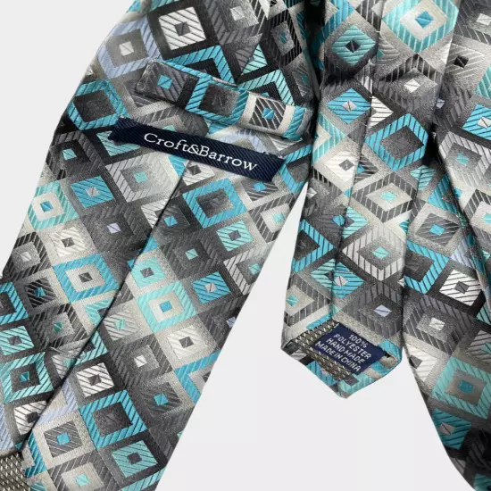 Croft & Barrow Teal Silver Gray Geometric Silk Necktie Tie Men's 3.5" x 58"