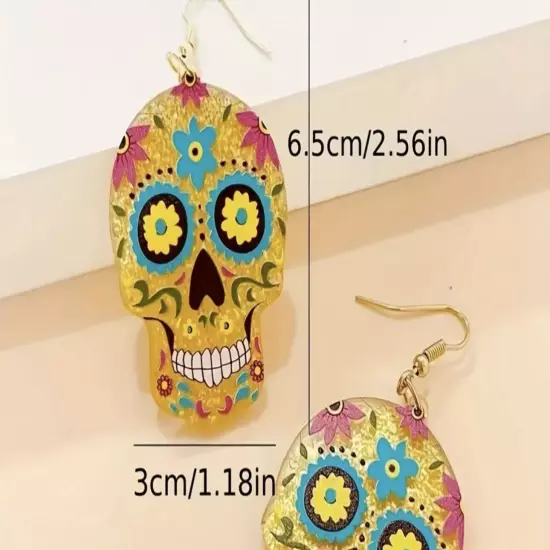 Chic Sugar Skull Dangle Earrings Halloween Day of the Dead Acrylic Boutique