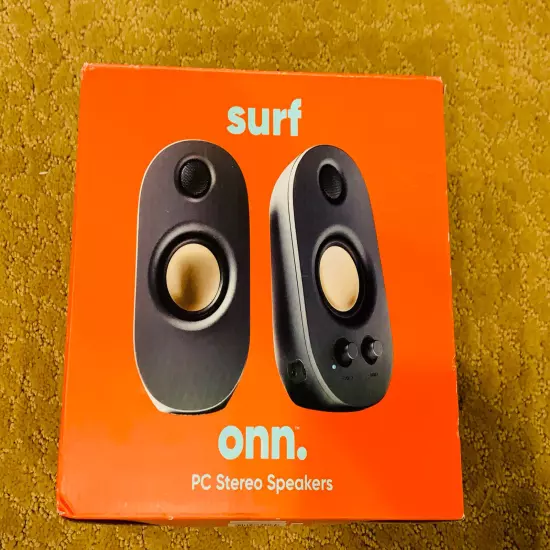 onn. AC Powered Computer Speakers with Volume and Bass Controls