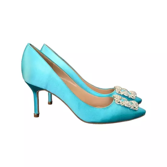 Manolo Blahnik Hangisi Pumps Turquoise Satin Light Blue Crystal Embellished 8.5