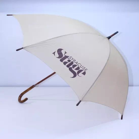 VTG Rain Sun Umbrella Parasol Syracuse Stage Nylon Brown Tan Wood Handle Art