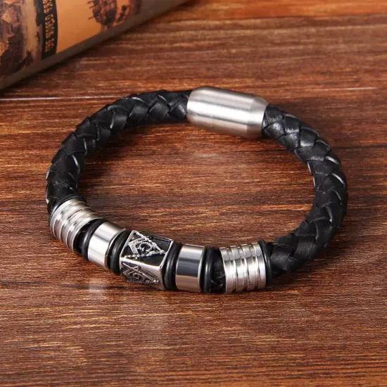 Men's Braided Leather Free-Mason Masonic Bead Magnetic Bracelet Cuff Bangle