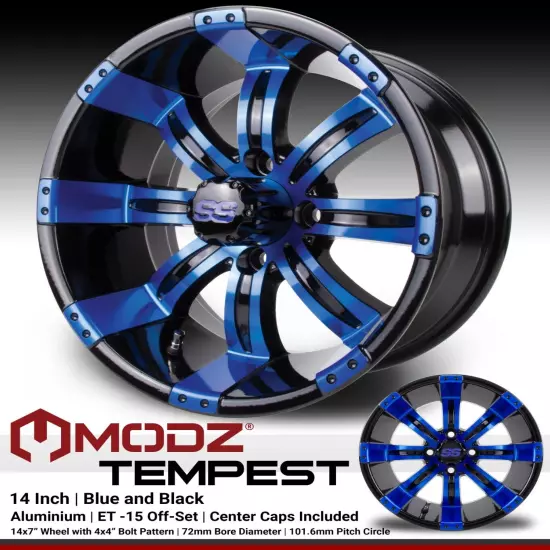 MODZ 14" Tempest Blue and Black Golf Cart Wheels and Tires (205-30-14) Set of 4