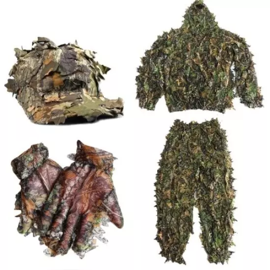 3D Leaf Sniper Woodland Ghillie Suit Camoflage Hunting Clothes With Cap Gloves