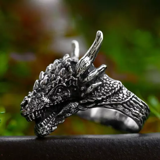 Men's Powerful Dragon Head Ring Stainless Steel Horn Dragon Vintage Biker Ring