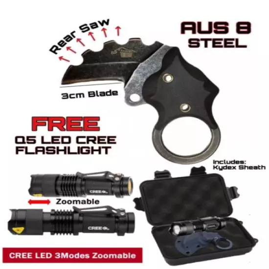 D2 Steel Survival Knife With Sheath Q5 LED Cree Flashlight Hard Waterproof Case