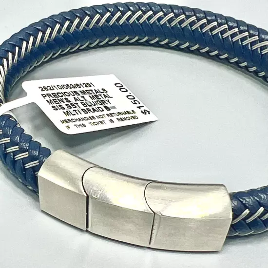 Simone l. Smith Men's Blue Leather Braided Bracelet in Stainless Steel