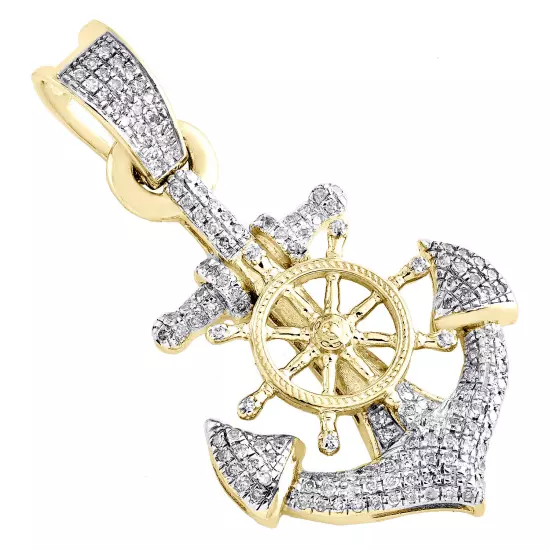 10K Yellow Gold Diamond Anchor Ship Steering Wheel Pendant 1.35" Charm 3/10 CT.