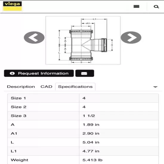 4" x 4" x 1-1/2" Viega 26605 MegaPress XL Tee Press Fitting On Steel Pipe FKM