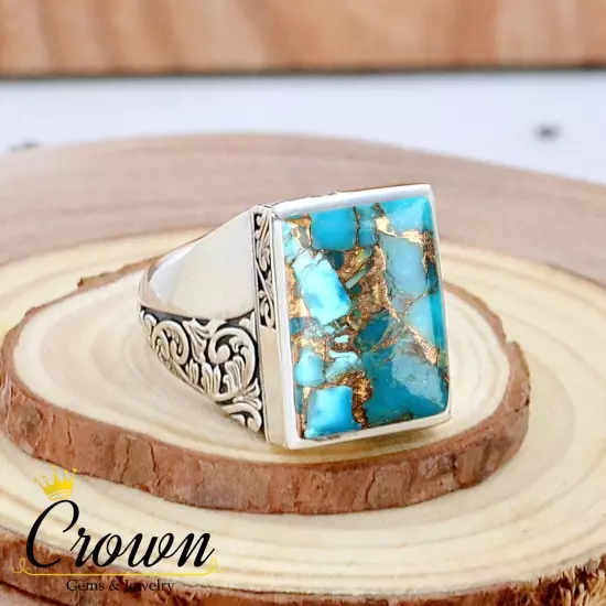 Blue Copper Turquoise 925 Sterling Silver Men's Ring Jewelry - Size US 6-14