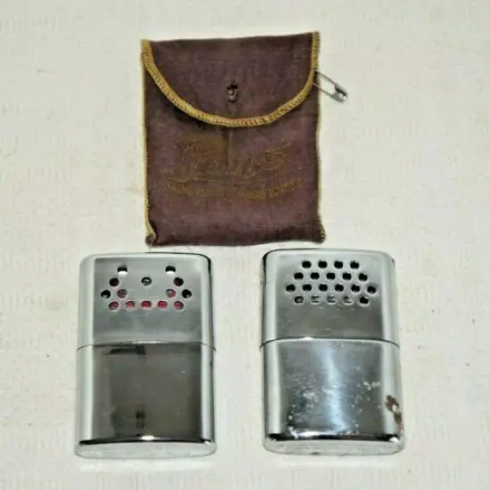 2 Vtg Aladdin Labs Jon-E Hand Warmers Standard Size w/ Brown Pouch Chrome Plated