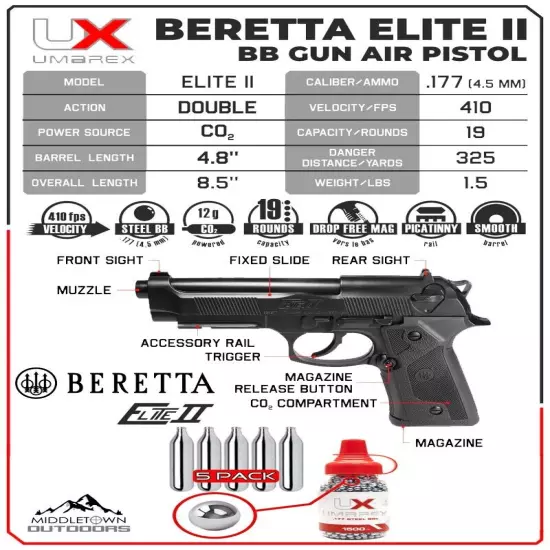 Umarex Beretta Elite II Air Pistol, .177 Cal w/ BBs & 5 CO2 (2253003) Open box