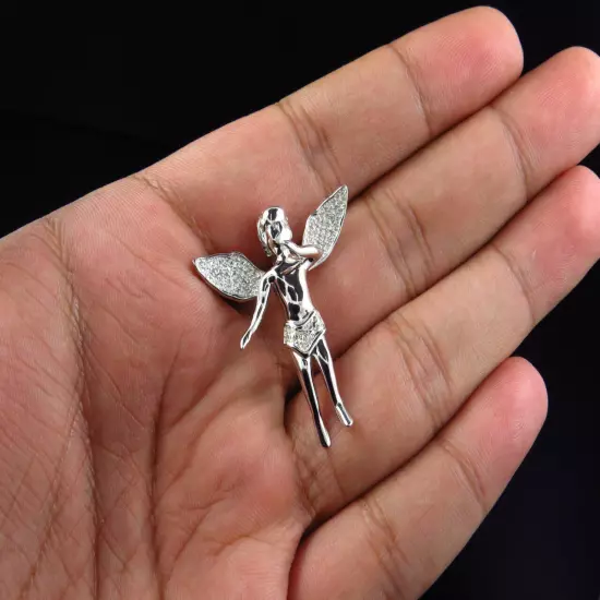 New White Gold Finish Real Diamond Mini 3d Angel Pendant Charm .50 Ct 1.4 Inch