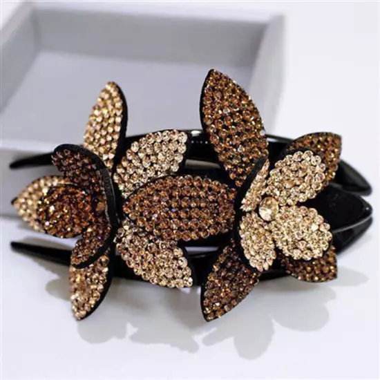 Ladies Rhinestone Double Flower Hair Clip Barrettes Crystal Comb Large Catch 1x-