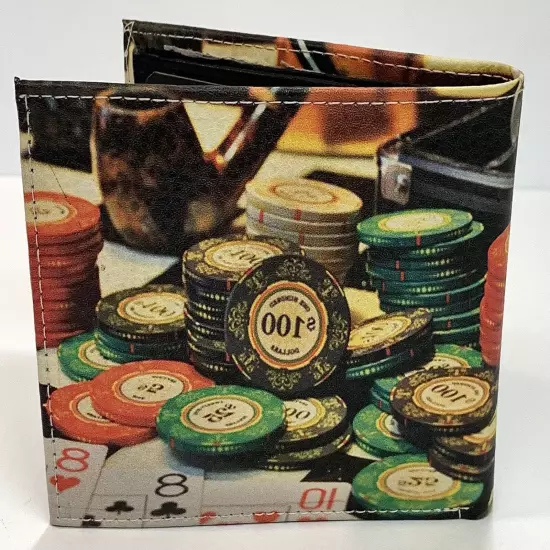 Poker Chips Playing Cards Men's Wallet Bi-Fold Faux Leather 6 Credit Card Slots