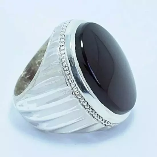 Mens Yemeni Aqeeq Ring - Big Kabadi Black Aqeeq Stone Ring