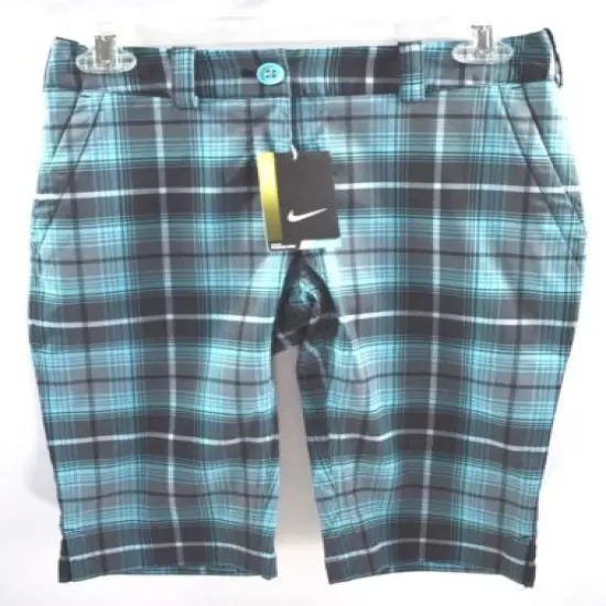 Nike Golf Tour Performance Dri-Fit Modern Rise Womens Plaid Shorts Aqua Sz 0