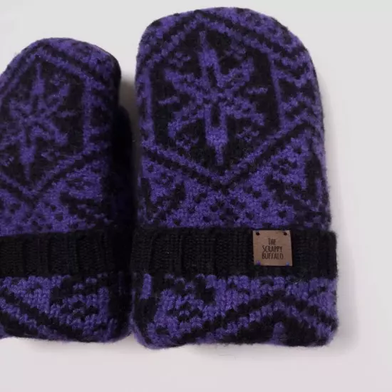 Upcycled Wool Black Purple Sweater Mittens Sherpa Fleece Lined NEW Adult M/L