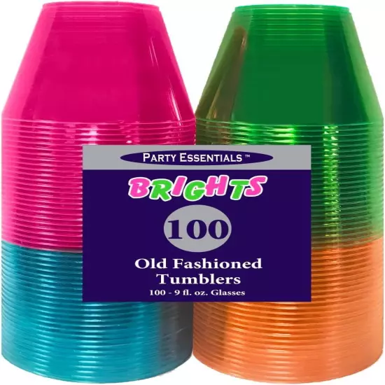 Party Essentials Plastic Cups, 100 Count (Pack of 1), Assorted Neon 