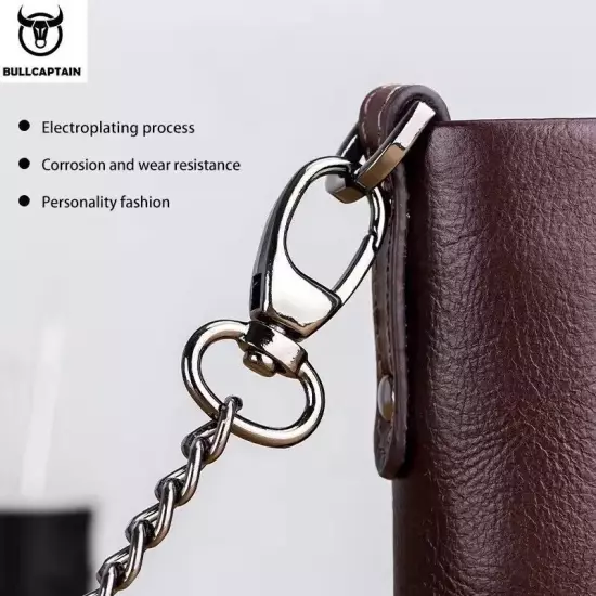 BULLCAPTAIN Men RFID Blocking Genuine Leather Card Holder Zipper Wallet Chain