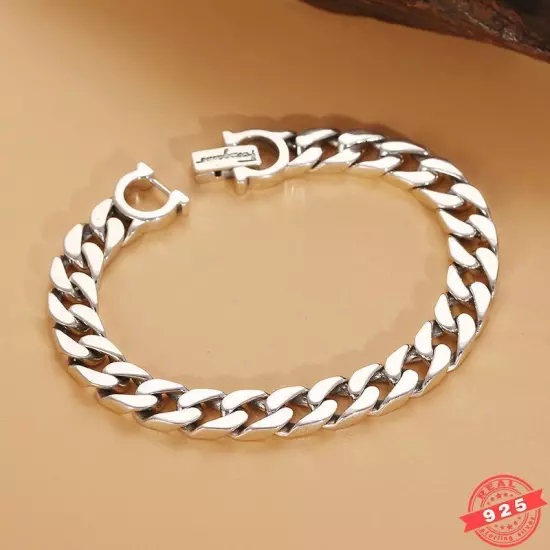 8MM Real 925 Sterling Silver Cuban Link Bracelet Men Retro Hip Hop Tank Bracelet